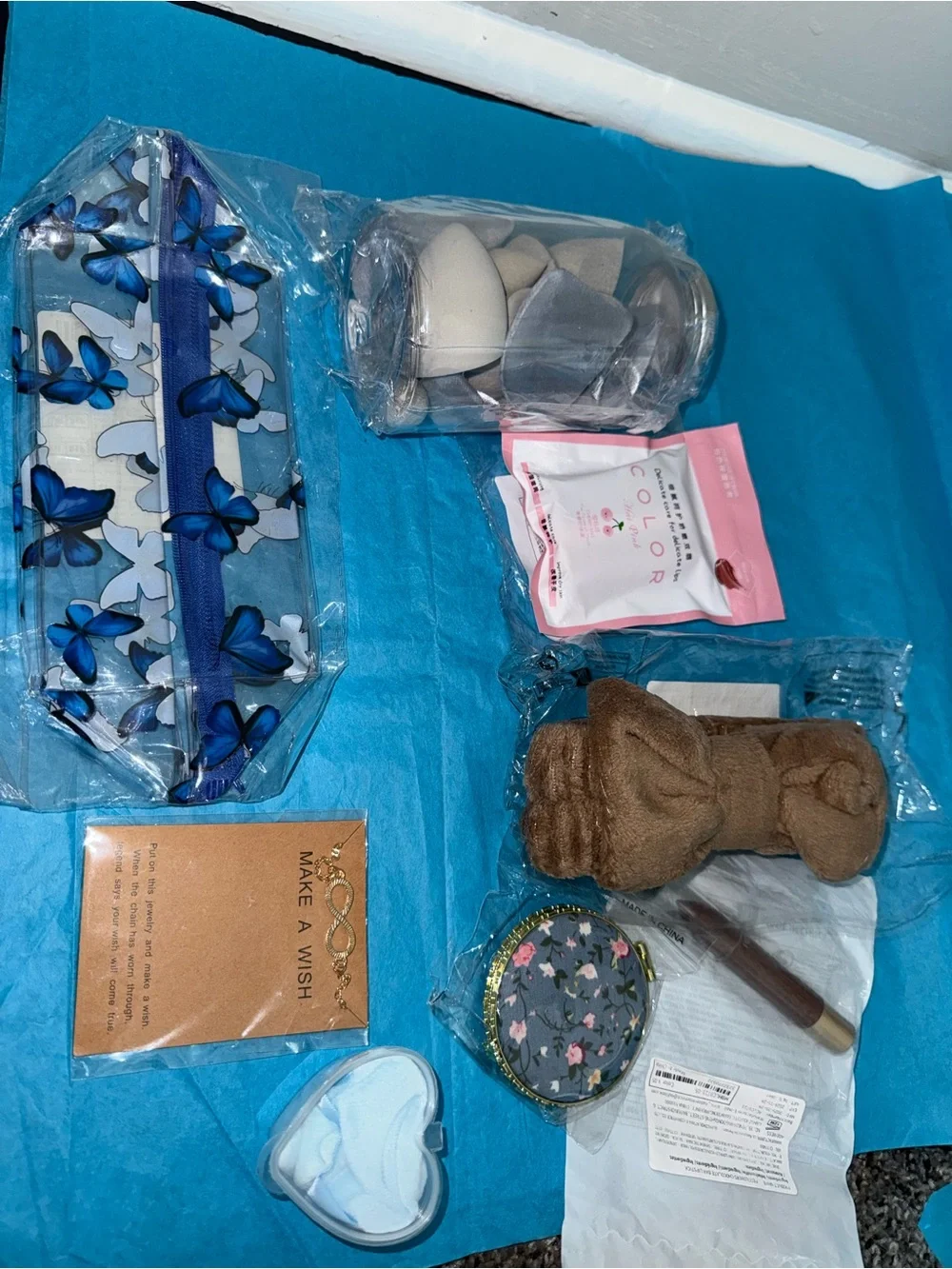 Clear Blue Butterfly Cosmetic Bag with Makeup Accessories